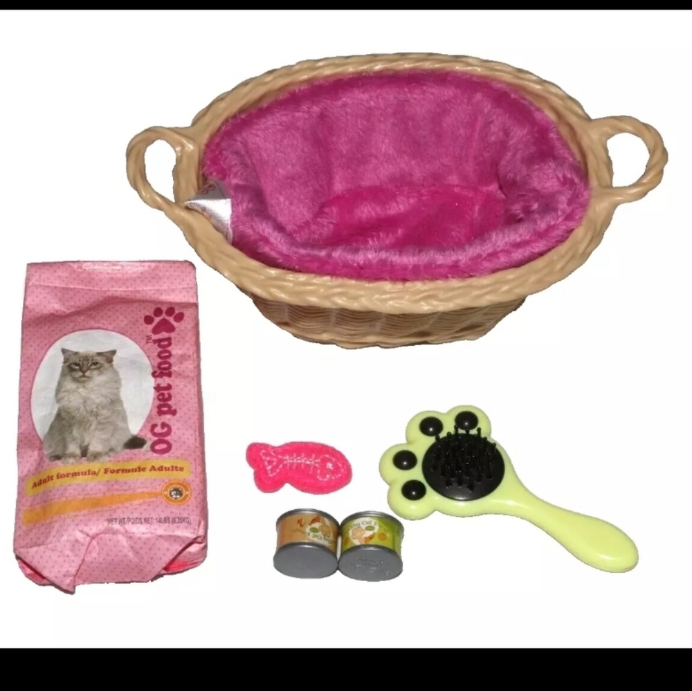 Our Generation pink cat bed, brush, food / Battat  pet accessories lot °